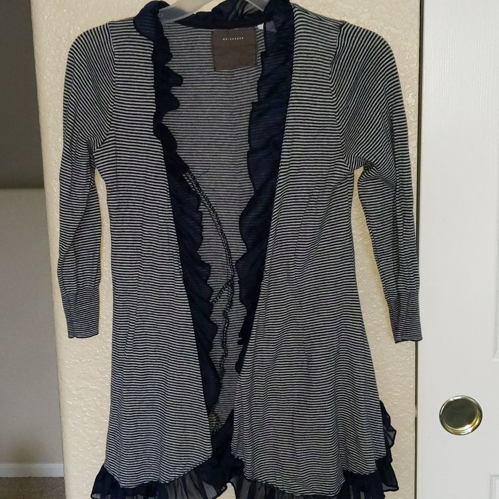 Guinevere Anthropologie Ruffle Trim Striped Cardigan Sweater S